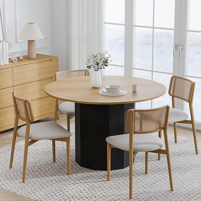 Casaphoria 46 inch Round Wood Dining Table for 4, Black Cylinder Pedestal Base, Modern Farmhouse Style, Kitchen & Dining Room Table