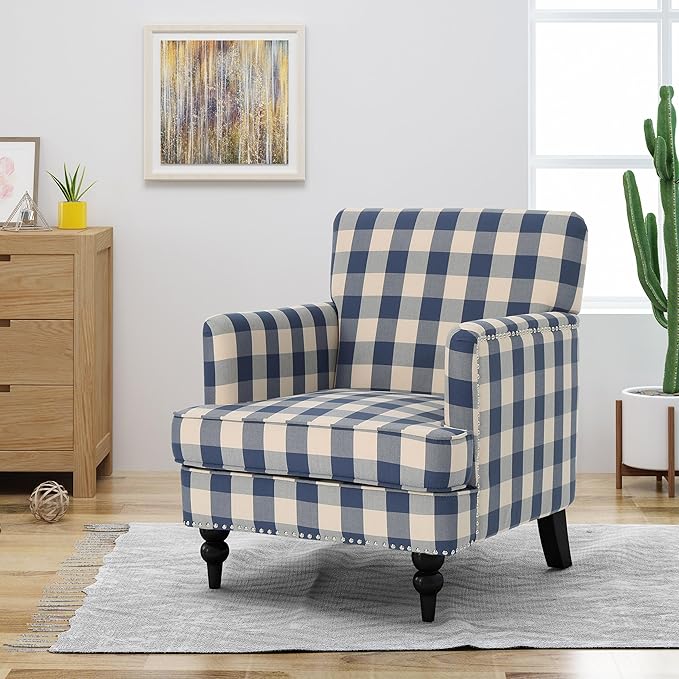Christopher Knight Home Eve Modern Upholstered Club Chair, Wooden Living Room Accent Chair, Comfy Bedroom Reading Chair, Multifunctional Armchair, Blue Checkerboard