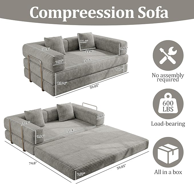 BSHOMGI 4 in 1 Futon Sofa Bed Queen Size - Foldable Convertible Sleeper Sofa Couch with L-Shaped Armrests Space Saving Floor Mattress for Bedroom & Dorm(Light Gray, 59” 2 Seat)