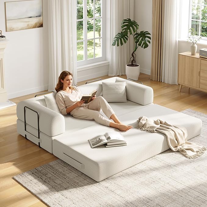 79in Convertible Sofa Bed, Corduroy Boneless Couch Bed, Futon Sleeper Sofa Pull Out Bed, Foldable Couch for Living Room Apartment, No Assembly Required