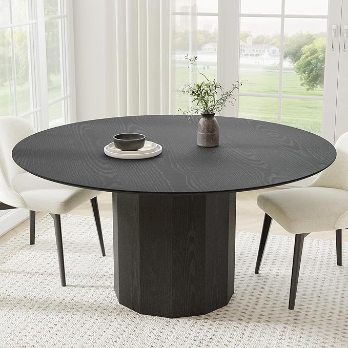 Casaphoria 60" Round Dining Table, Modern Wood Kitchen Table with Cylinder Polygonal Base for Living Room & Dining Room, Easy Assembly Farmhouse Furniture for 4-6, Black