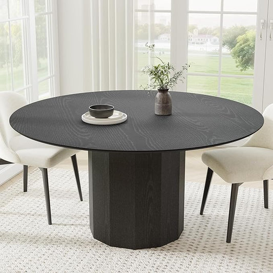 Casaphoria 60" Round Dining Table, Modern Wood Kitchen Table with Cylinder Polygonal Base for Living Room & Dining Room, Easy Assembly Farmhouse Furniture for 4-6, Black