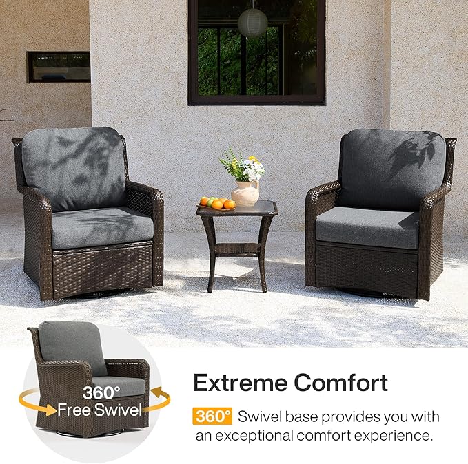 Tribesigns Outdoor Wicker Swivel Chairs, 3-Piece Outdoor Patio Furniture Set, Patio Bistro Sets with Tempered Glass Side Table, for Balcony, Porch - Brown Wicker