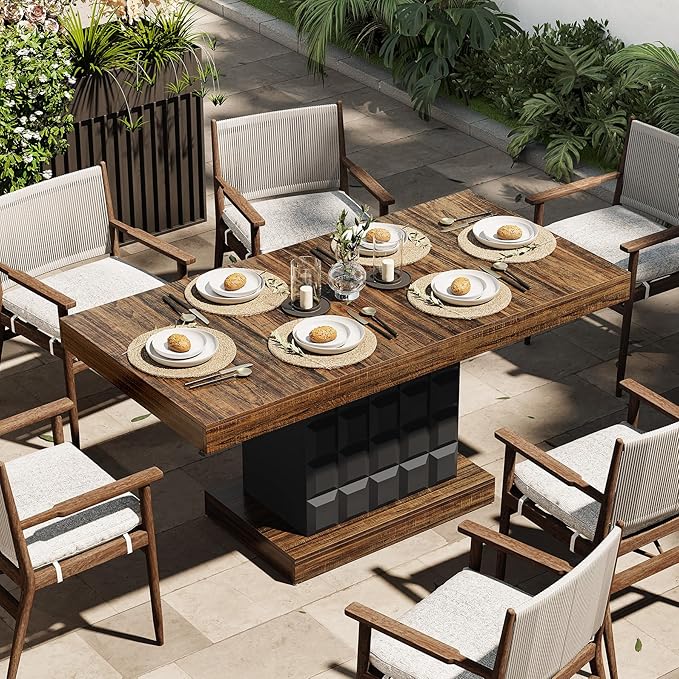 LITTLE TREE 63" Modern Dining Table, Rectangular Dinner Table for 4-6, Farmhouse Kitchen Table, Sturdy Wood Pedestal Base for Kitchen/Dining Room, Rustic Brown & Black