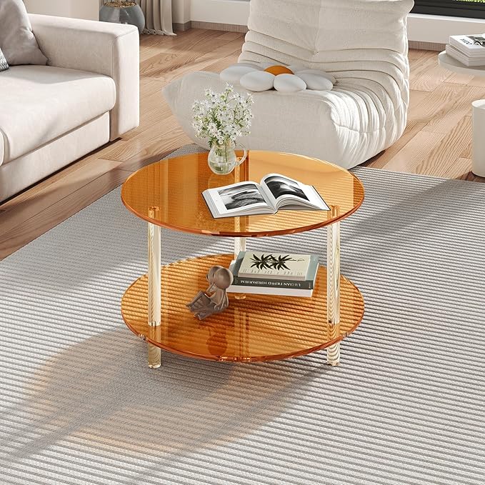 Acrylic Round Coffee Table, 23.6" Wide Modern Tea Table with Storage Shelf, 2-Tier Circle Center Table for Living Room, Office Reception and Apartment (Orange)
