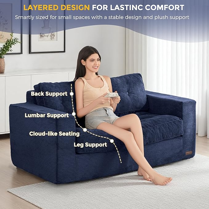 MAXYOYO Loveseat Sofa Couch, Upholstered Bean Bag Chair Cloud 2-Seat for Adults, Boneless Couch with Tufted Cushion & Pillows, Sofa in A Box, No Assembly Required, Navy