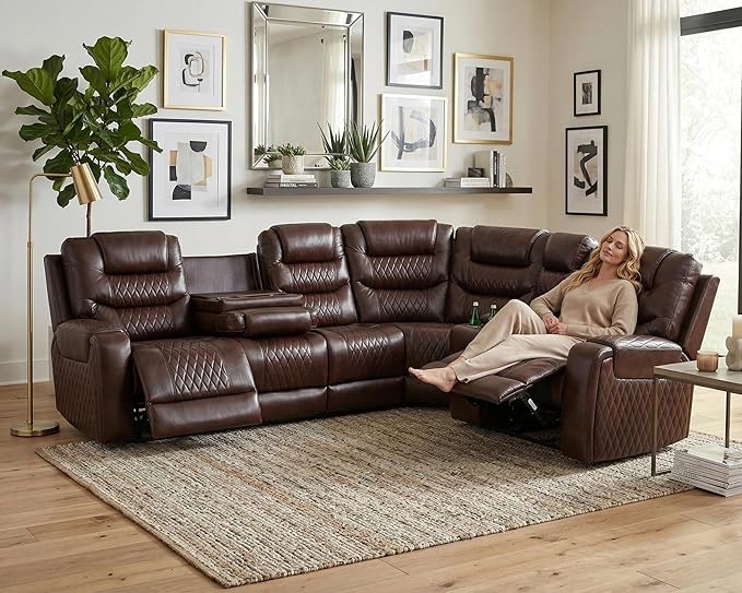 Breathing Leather Recliner Sectional Sofa, Power Reclining Sectional Couch with LED, L Shaped Recliner Couch 6 Seat Sofa for Living Room with USB Port&Cup Holders (Dark Red)