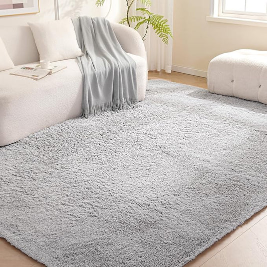 Amazon Basics Fluffy Washable Area Rug, Shaggy Carpet for Living Room, Bedroom, 5' W × 7' L, Gray
