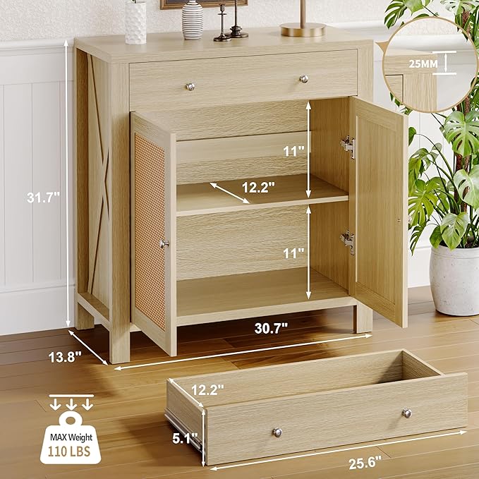 31" Sideboard Buffet Cabinet, Farmhouse Kitchen Buffet Cabinet with Storage and Drawers, Cabinets with Doors and Adjustable Shelves, Rattan Sideboard Storage Cabinets for Kitchen, Living Room