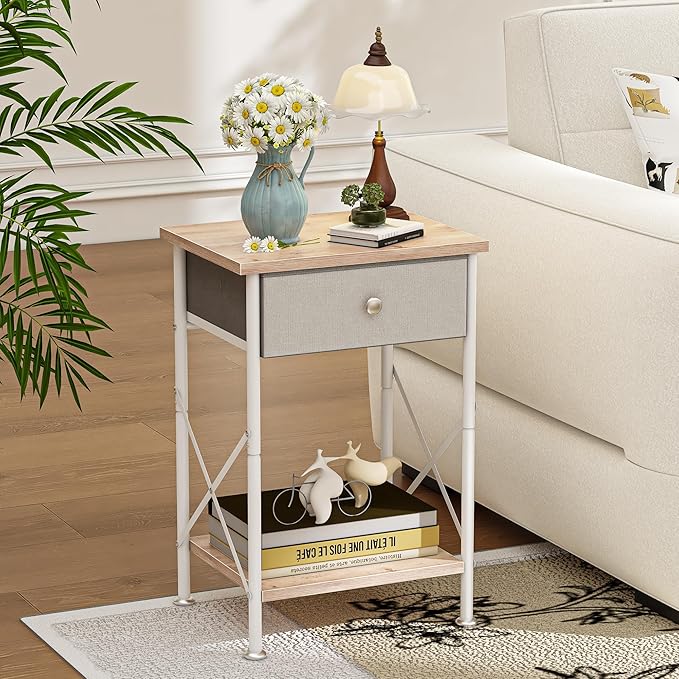 VECELO End Tables, Modern Nightstand with Fabric Drawer & Open Shelf, Night Stand for Bedroom Living Room, Industrial Metal Frame, Easy Assembly, Grey,2 Pack