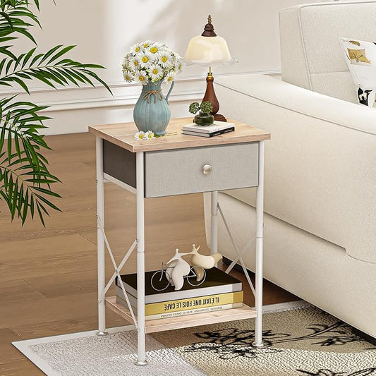 VECELO End Tables, Modern Nightstand with Fabric Drawer & Open Shelf, Night Stand for Bedroom Living Room, Industrial Metal Frame, Easy Assembly, Grey,2 Pack
