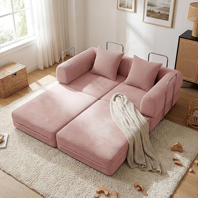 Convertible Compressed Corduroy Folding Cloud Sofa Bed, 59'' Modern Boneless Pull Out Loveseat Sleeper in a Box, 5 in 1 Floor Mattress Futon Cloud Couch, No Assembly Needed, Pink, 2 Pillows, Queen