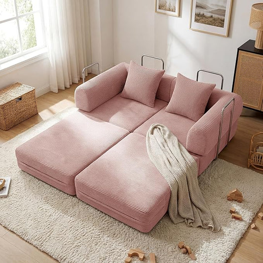 Convertible Compressed Corduroy Folding Cloud Sofa Bed, 59'' Modern Boneless Pull Out Loveseat Sleeper in a Box, 5 in 1 Floor Mattress Futon Cloud Couch, No Assembly Needed, Pink, 2 Pillows, Queen