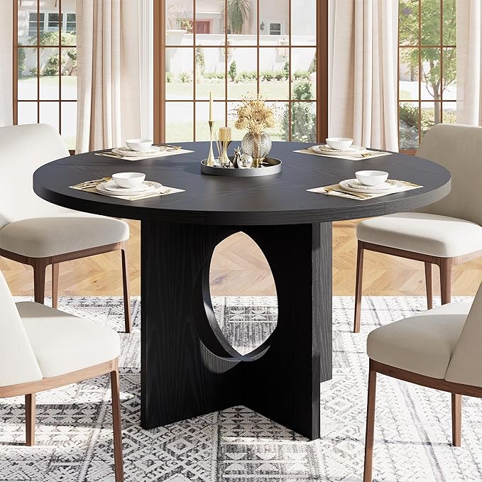 IDEALHOUSE 47" Round Dining Table, Kitchen Table for 4-6 People, Circle Tables with Sturdy Pedestal Base, Space Saving Dinning Room Furniture for Living Room, Kitchen, Apartment, Black