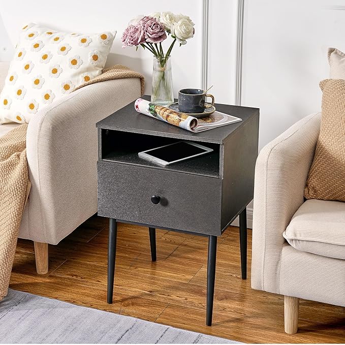 VECELO Night Stand for Bedroom Set of 2,Modern Solid Wood Nightstand with Storage Shelf and Drawer, Bedside Table End Table for Living Room,Bedroom,Entryway,Easy Assembly,Gray