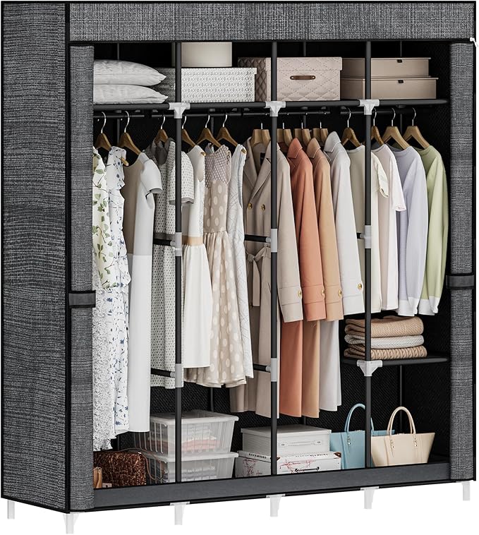 67 Inch Closet Wardrobe, Clothes Storage Organizer for Hanging Clothes with Cover, 4 Hanging rods, 9 Storage Shelves, Portable Closet for Bedroom 67 x 16.5 x 66 Inches, Starry Sky Black