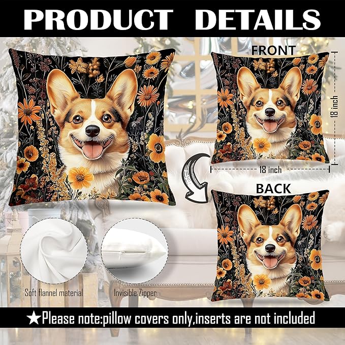 William Morris Inspired-Vintage Floral Corgi Pillow Covers 18x18, Corgi Lovers Mom Gifts, Moody Dark Cottagecore Botanical Corgy Dog Decorative Pillow Covers for Home Living Room Bedroom