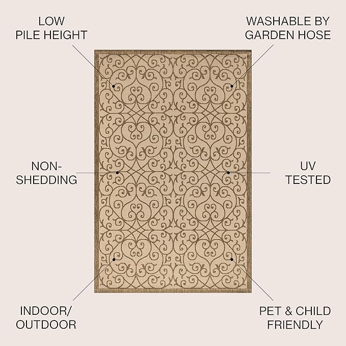 JONATHAN Y Vintage Filigree Indoor Outdoor Area Rug 8X10 Beige/Brown, Madrid Textured Weave for Backyard, Patio, Porch, Easy-Cleaning, High Traffic, Pet-Friendly, Non-Shedding (SMB107B-8)