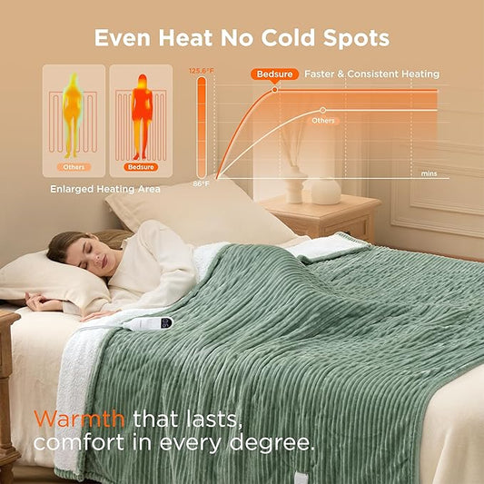 Bedsure GentleSoft Electric Blanket Twin - Soft Ribbed Flannel Heated Blanket, Heating with 10 Time Settings, 6 Heat Settings, and 8 hrs Timer Auto Shut Off, Gifts for Grandma (62x84 inches, Green)