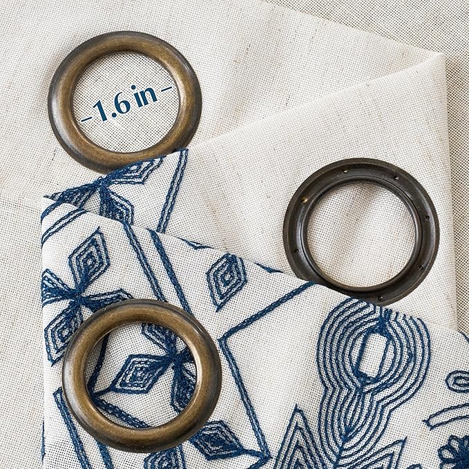 NICETOWN Navy Blue and Cream Boho Curtains 102" Long, Embroidered Linen Textured Floor to Ceiling Drapes with Antique Bronze Grommets, Light Filtering Window Treatment for Living Room, 2 Panels