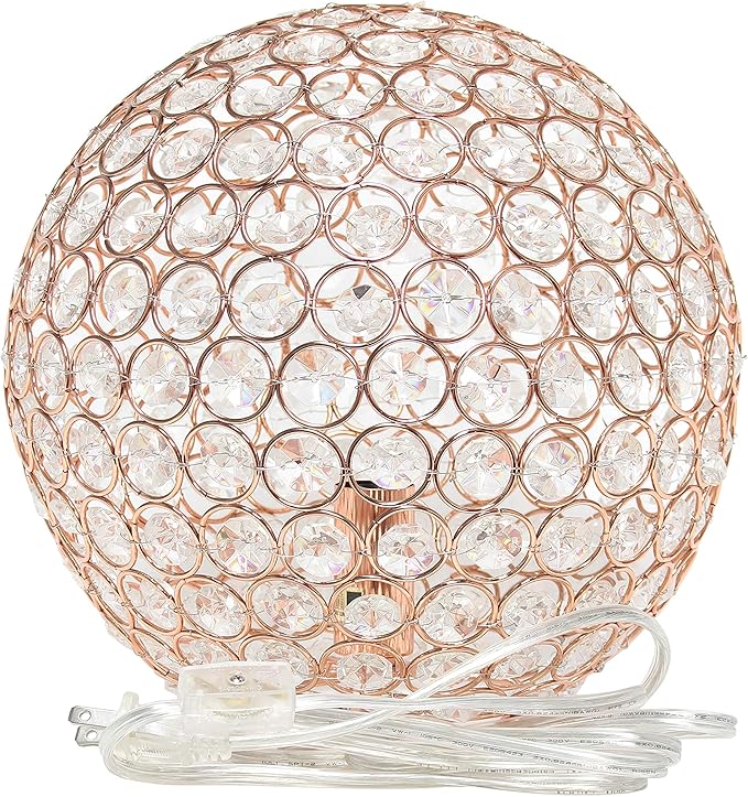 Elegant Designs LT1067-RGD 10" Elipse Crystal Collection Metal Crystal Ball Sequin Table Desk Lamp for Accent Lighting, Décor, Living Room, Rose Gold