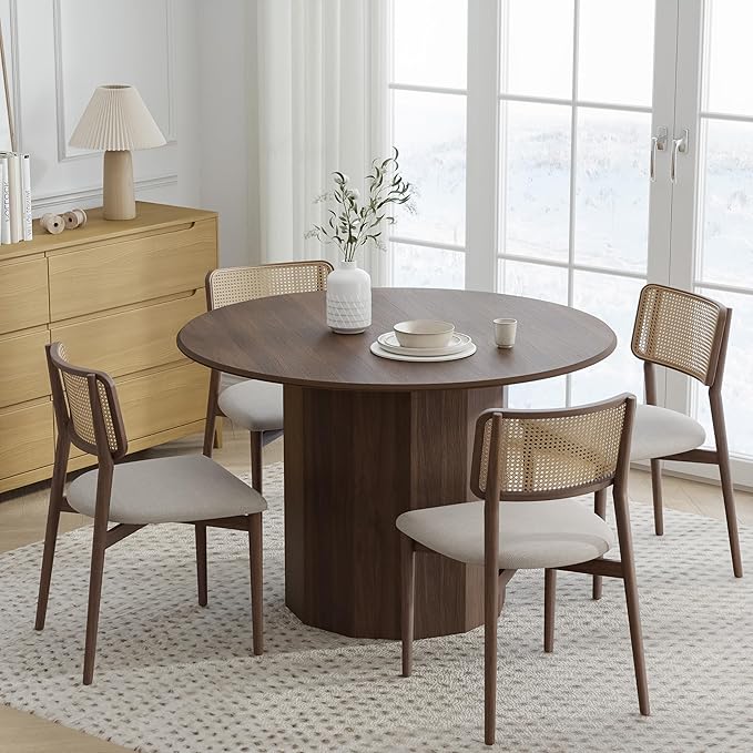 Casaphoria 46" Round Dining Table, Modern Wood Kitchen Table with Cylinder Polygonal Base for Living Room & Dining Room, Easy Assembly Farmhouse Furniture for 4-6, Walnut