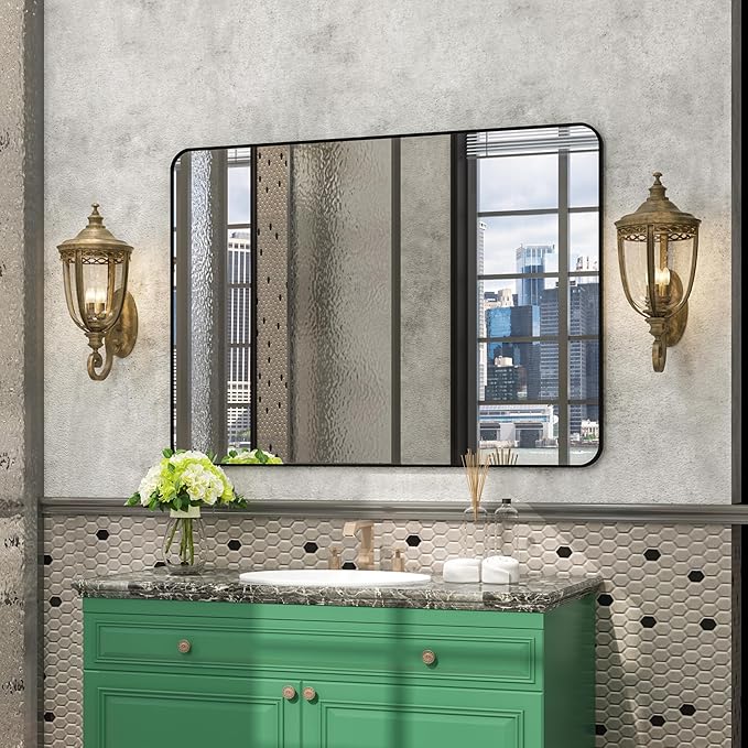 Manocorro Black Bathroom Wall Mirror for Wall,Black 36X24 Inch Rounded Rectangle Mirror,Anti-Rust,Modern Wall Mounted Mirror for Bedroom, Farmhouse,Restroom,Entryway,Horizontal or Vertical Hanging