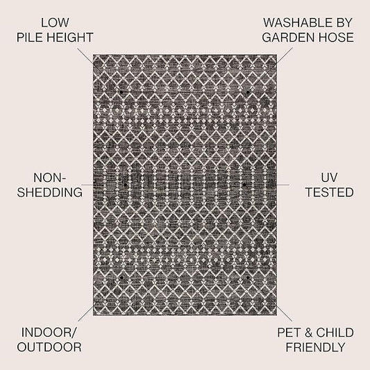 JONATHAN Y Moroccan Geometric Indoor Outdoor Square Area Rug 5X5 Black/Gray, Ourika Textured Weave for Backyard, Patio, Porch, Easy-Cleaning, High Traffic, Pet-Friendly, Non-Shedding (SMB108F-5SQ)
