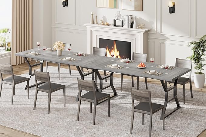Garvee 79 Inch Dinning Table for 6-8, Farmhouse Kitchen Table with Unique Shaped Legs and Large Tabletop, Industrial Wood Dining Table for Living Room, Kitchen, Dining Room