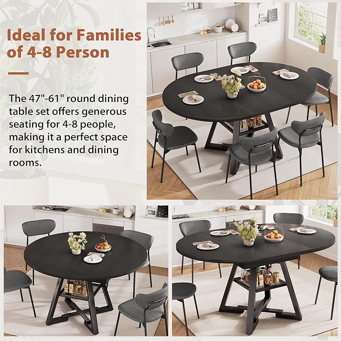 Round Dining Table Kitchen Dining Room Dinner Table for 4-6, Space Saving Extendable Oval Circle Furniture with Pedestal Base and Storage Shelf for Kitchen Living Room (Black, for 6-8)