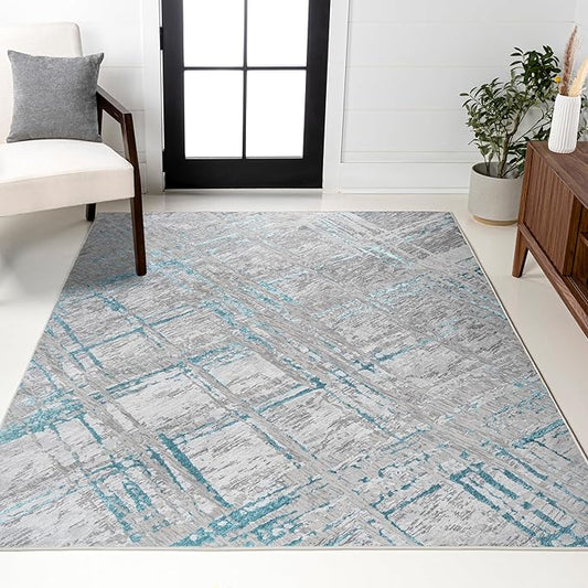 JONATHAN Y Slant Abstract Gray/Turquoise Indoor Area Rug 5X8 ft, Modern for Living Room, Bedroom, Kitchen, Office, Easy-Cleaning, High Traffic, Pet-Friendly, Non-Shedding SOR201A-5