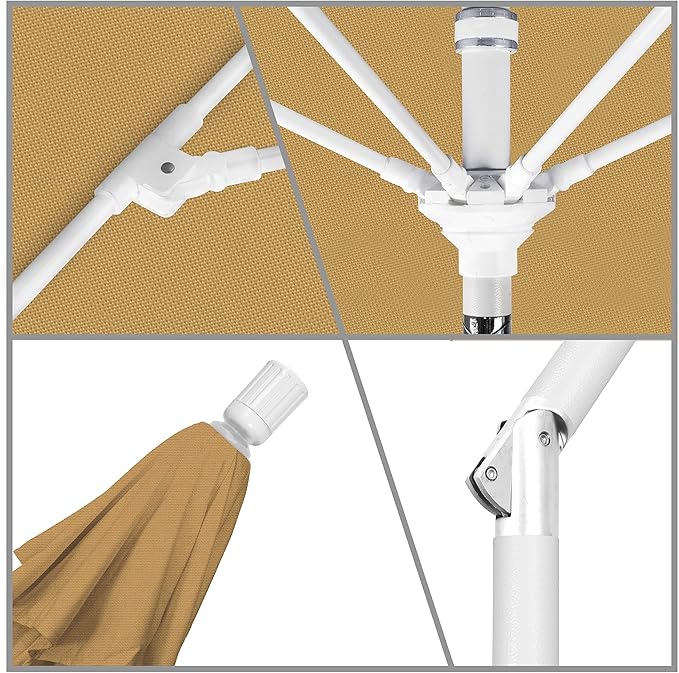 California Umbrella 9' Round Aluminum Pole Fiberglass Rib Market Umbrella, Crank Lift, Collar Tilt, White Pole, Champagne Olefin