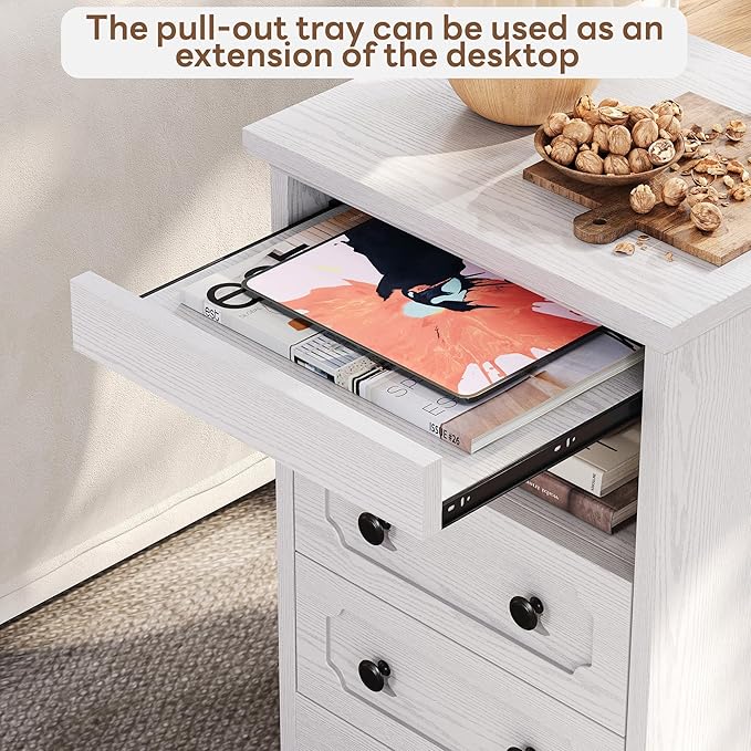 LIKIMIO Nightstand Set of 2, Night Stand with Pull Out Tray, Wooden Bedside Table with 2 Drawers and Open Shelf, Side Table for Bedroom, White