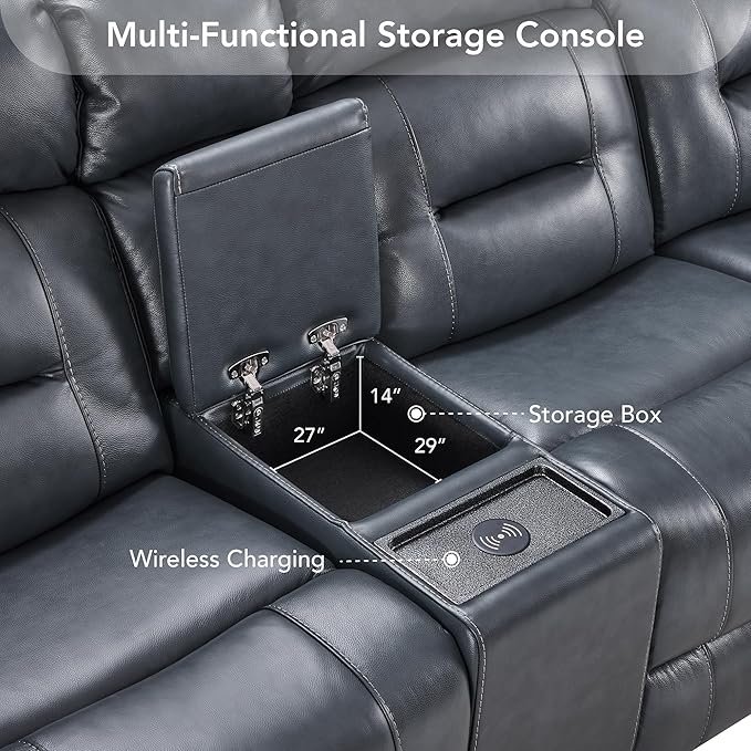 Watson & Whitely Genuine Leather Power Loveseat Recliner Sofa, Lay Flat Reclining Sofa with Console, Power Headrest, Cup Holders & Wireless Charging, Dual Recliner for Living Room, Navy Blue