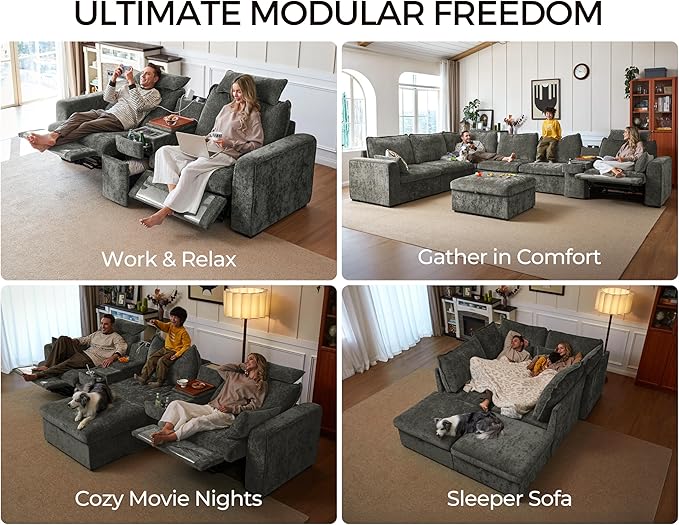 102.8'' Loveseat Power Recliner Sofa with Headrest, Oversized Cloud Modular Sectional Couch with Table, Drawer, Charging, 3-Seater with Storage Ottoman for RV Home Theater, Chenille, White