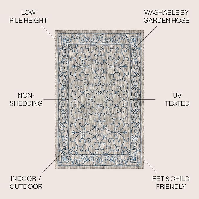 JONATHAN Y Vintage Filigree Indoor Outdoor Area Rug 8X10 Gray/Navy, Charleston Textured Weave for Backyard, Patio, Porch, Easy-Cleaning, High Traffic, Pet-Friendly, Non-Shedding (SMB106C-8)
