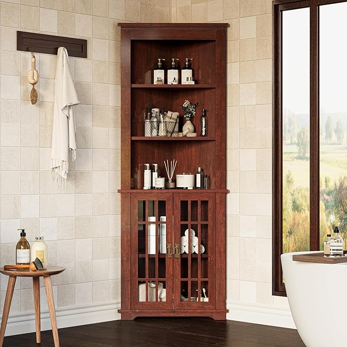 IRONCK 71.3'' Tall Corner Cabinet, Mid Century Storage Cabinet with Glass Doors & Adjustable Shelf, Bathroom Storage with 3 Open Shelf, Home Space Saver for Bathroom, Living Room, Red Walnut | Mid Century, Glass Doors, Adjustable Shelf, Bathroom Storag...
