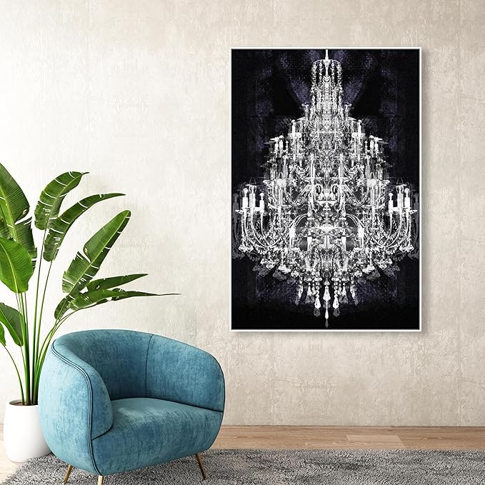 The Oliver Gal Artist Co. Fashion and Glam Framed Wall Art Canvas Prints 'Montecarlo Crystal' Chandeliers Home Décor, 36" x 54", White, Black
