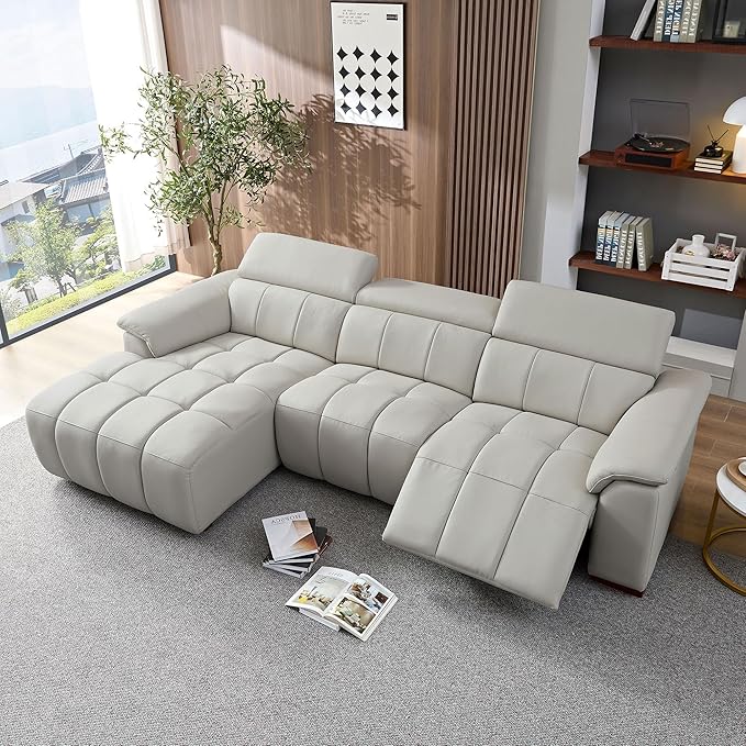 KEIKI 113" L-Shaped Genuine Leather Wall-Hugger Reclining Sofa with Left Chaise, Adjustable Backrest & Footrest, Modern Style Electric Control 3-Seater Couch with USB, for Living Room, Light Grey