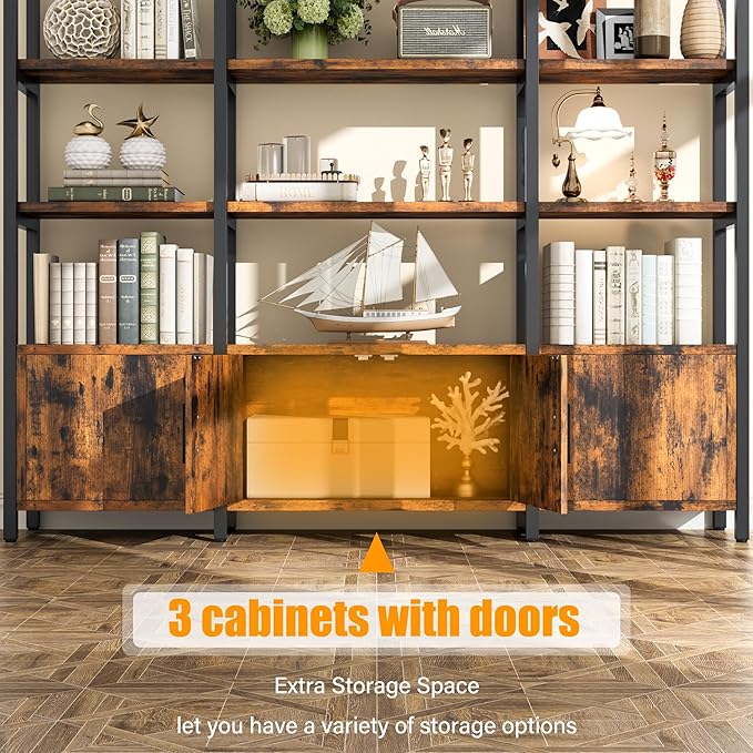 86" Triple Wide Bookshelf and Bookcase with 3 Cabinets, Tall Arched 5 Tier Industrial Etagere Open Bookshelves, Wood Book Shelf for Bedroom Living Room (Vintage Brown)