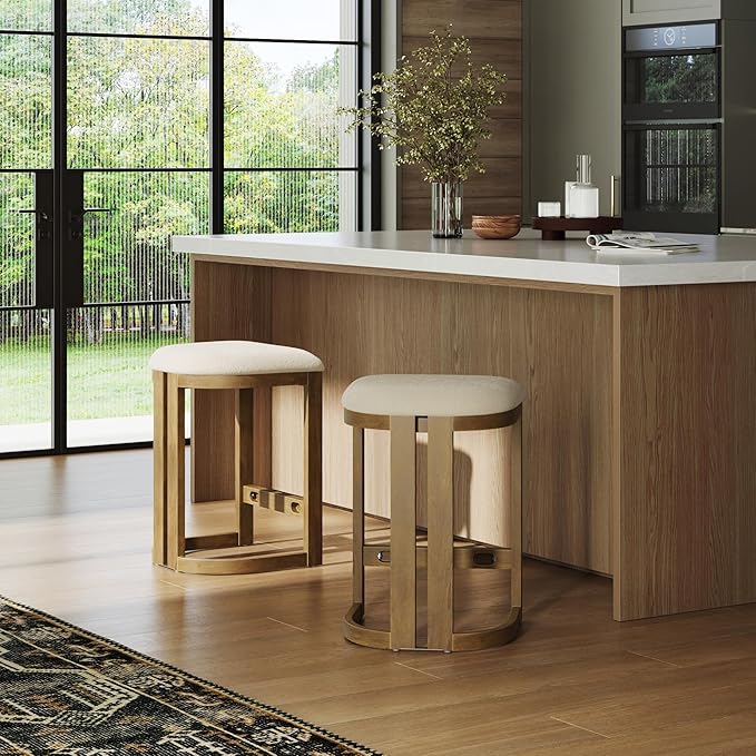 Nathan James Veya Modern Backless Bar Stool, Barrel Bar Stool with Boucle Upholstery and Solid Wood Legs, Light Brown