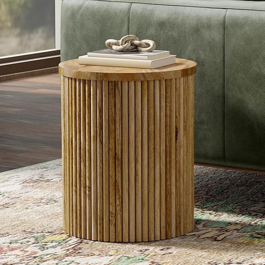 SIMPLIHOME Demy End Table - 18 inch Wide Solid Mango Wood Round Accent Table in Natural, Handcrafted Industrial Nightstand or Lamp Stand for Living Room or Bedroom with Slatted Base, Assembled
