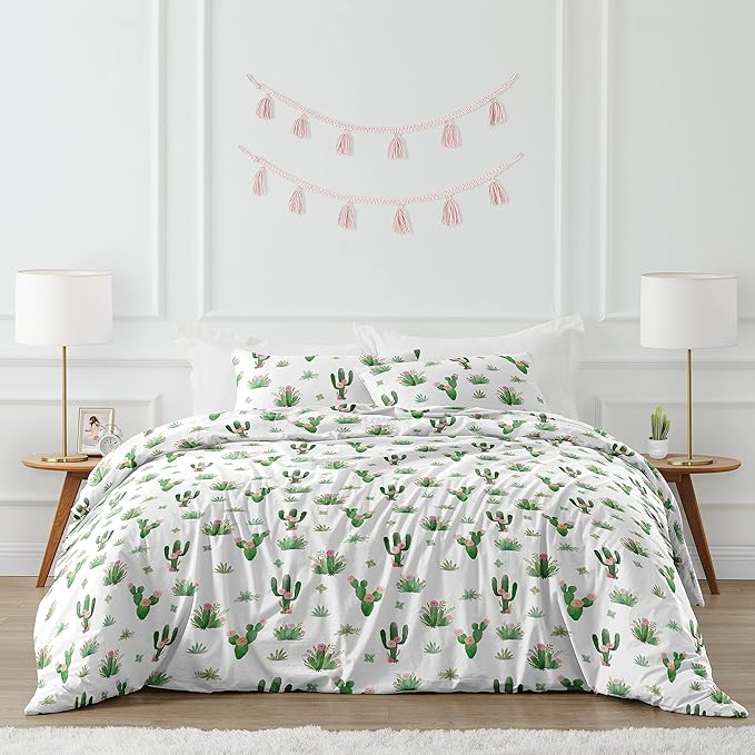 Sweet Jojo Designs Pink and Green Boho Watercolor Cactus Floral Girl Full/Queen Kid Childrens Bedding Comforter Set - 3 Pieces