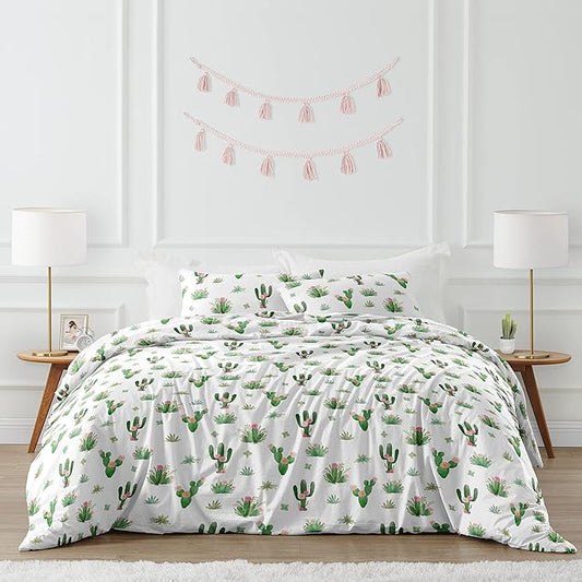 Sweet Jojo Designs Pink and Green Boho Watercolor Cactus Floral Girl Full/Queen Kid Childrens Bedding Comforter Set - 3 Pieces