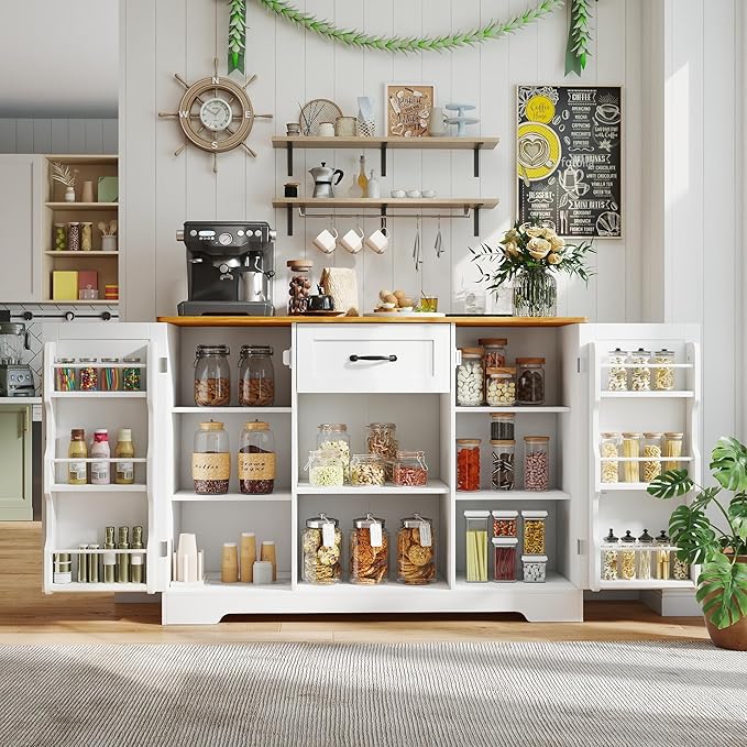 Gizoon Kitchen Sideboard Buffet Cabinet with Storage Coffee Bar Cabinet with Drawer, Kitchen Pantry Storage with Door and Shelves for Bathroom and Living Room, White and Rustic