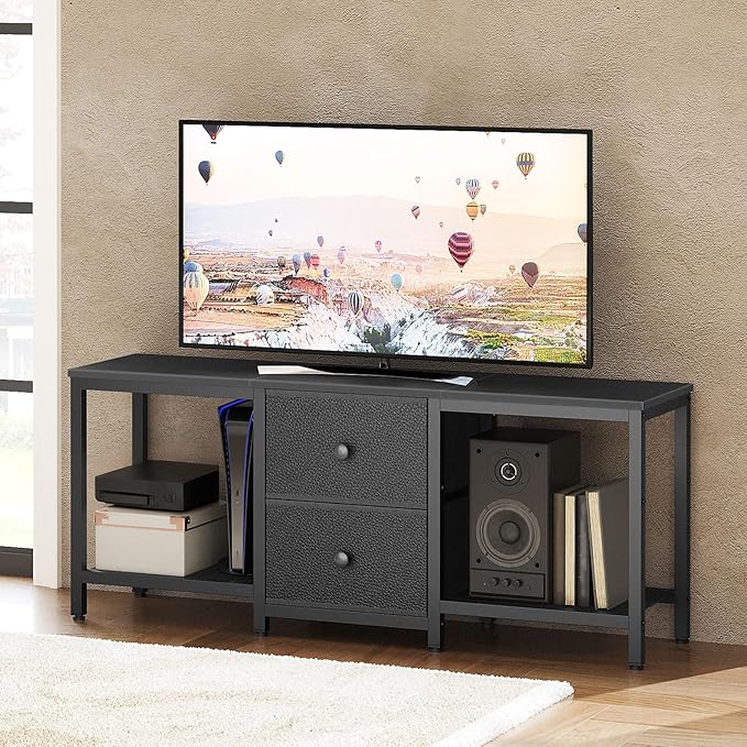 TV Stand for TVs up to 55", Entertainment Center with 2 Fabric Drawer, Media Console with Shelves, Television Stands for Living Room, Bedroom, Black DS02BB