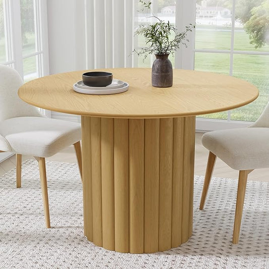 Casaphoria 46" Round Dining Table, Modern Wood Kitchen Table with Cylindrical Wide Bar Protruding Base for Living Room & Dining Room, Easy Assembly Farmhouse Furniture for 4-6, Oak