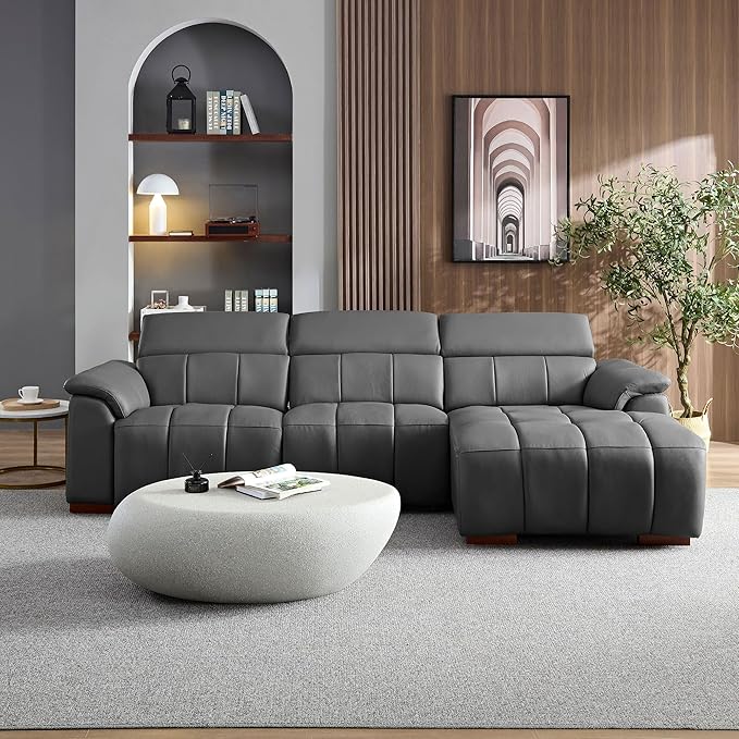 KEIKI 113" L-Shaped Genuine Leather Wall-Hugger Reclining Sofa with Right Chaise, Adjustable Backrest & Footrest, Modern Electric Control 3-Seater Couch with USB, for Living Room, Dark Grey