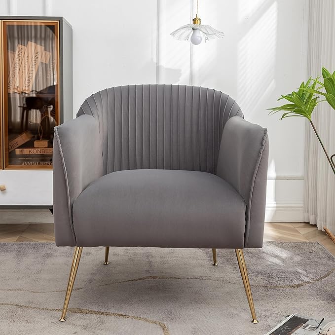 Contemporary Velvet Accent Chairs for Living Room, Bedroom and Entryway, Modern Armchair with Sleek Metal Legs, Elegant Seating Solution for Small Spaces, Grey