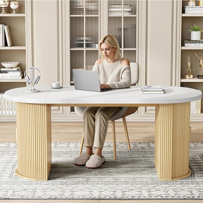 IRONCK 71" Fluted Oval Dining Table for 4-6, Modern Farmhouse Kitchen Table with Storage Shelves, Thickened Gray & White Quartz Top and Sturdy Base for Dining Room or Home Office, Oak